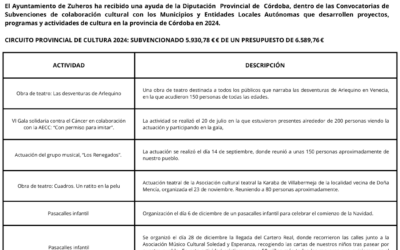 Concesiona de Subvención de la Diputacion de córdoba de colaboración de cultura con los municipio y entidades locales